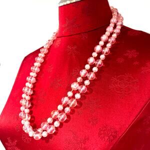 Long loop necklace lustrous pink beaded strand flapper style single or double
